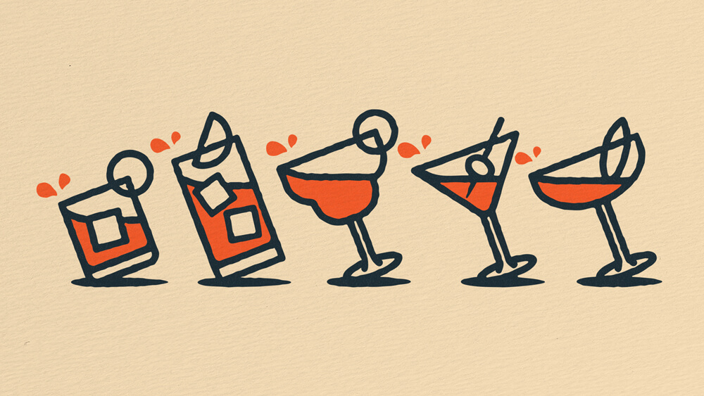 A set of quirky illustrated cocktail glasses.