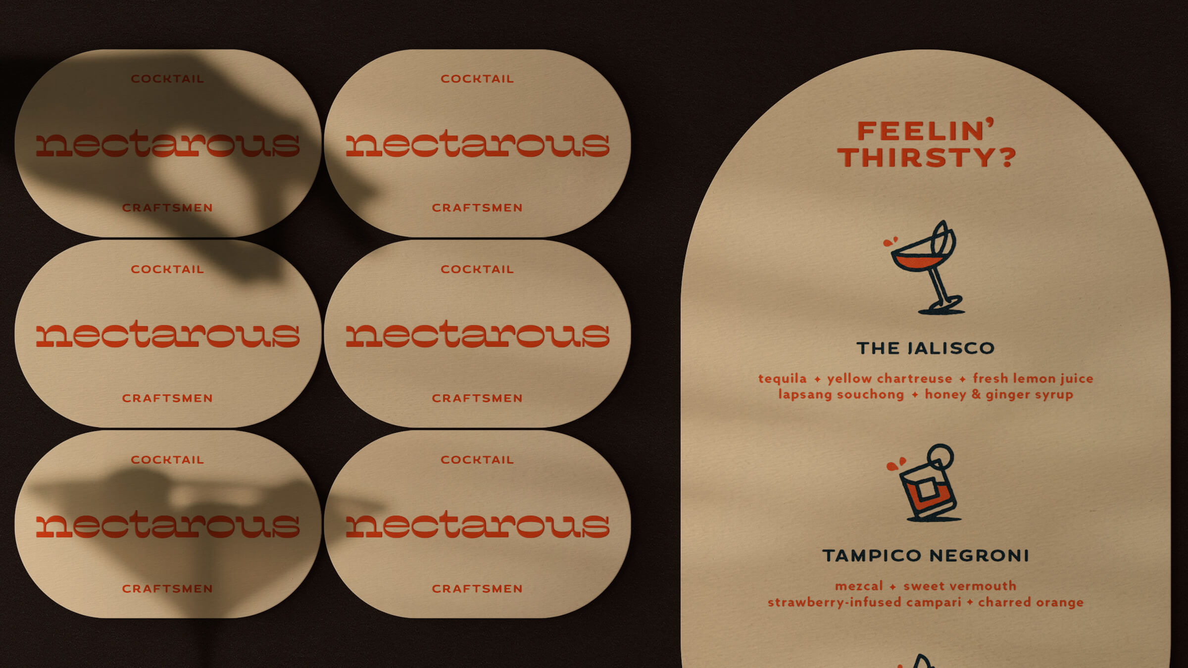 Nectarous business card designs and menu designs, featuring vibrant wordmark logo and illustrated cocktail icons.
