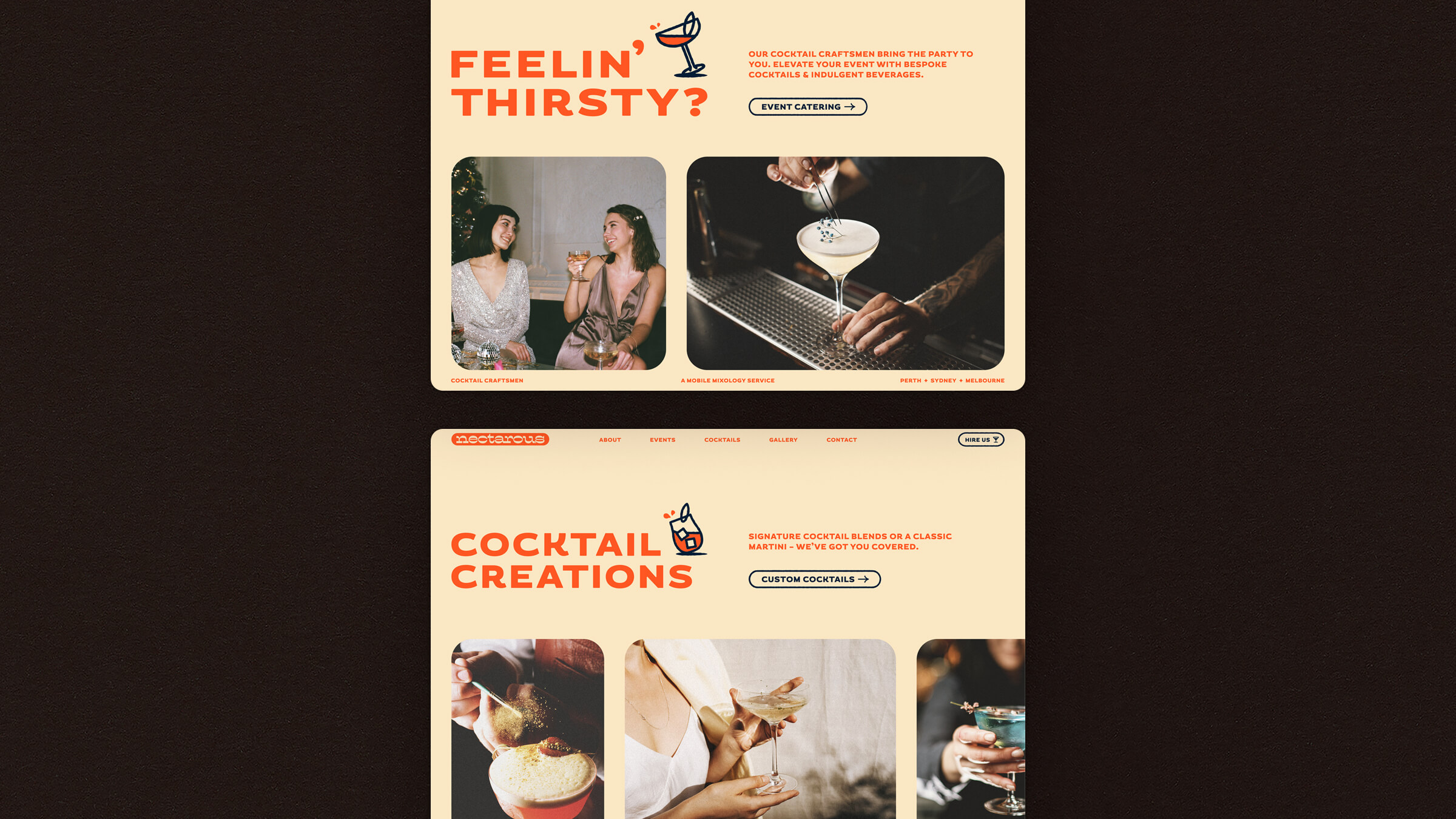 Website designs featuring film-style photography of people enjoying cocktails.
